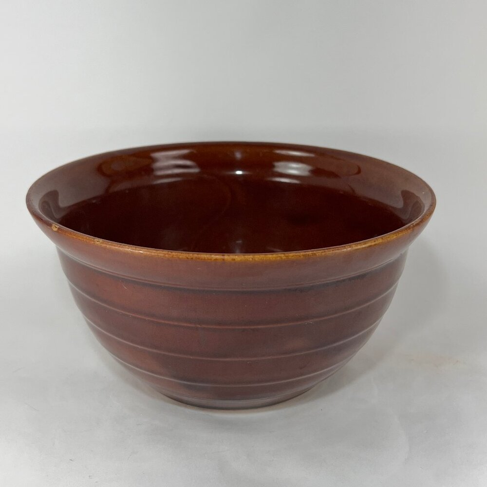Vtg Marcrest Mixing Bowl Oven Proof Banded Brown Glazed Stoneware Farmhouse 8"